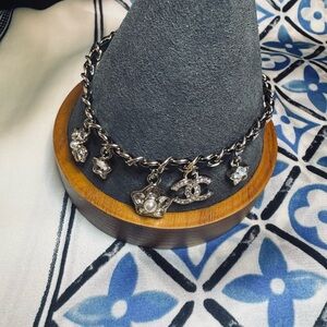 Chanel  Silver Chain Charm Necklace with Pearls and Crystals